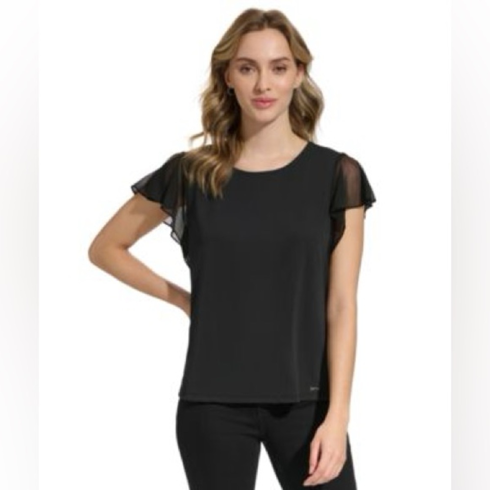 Calvin Klein Sz L mesh ruffled sleeve top